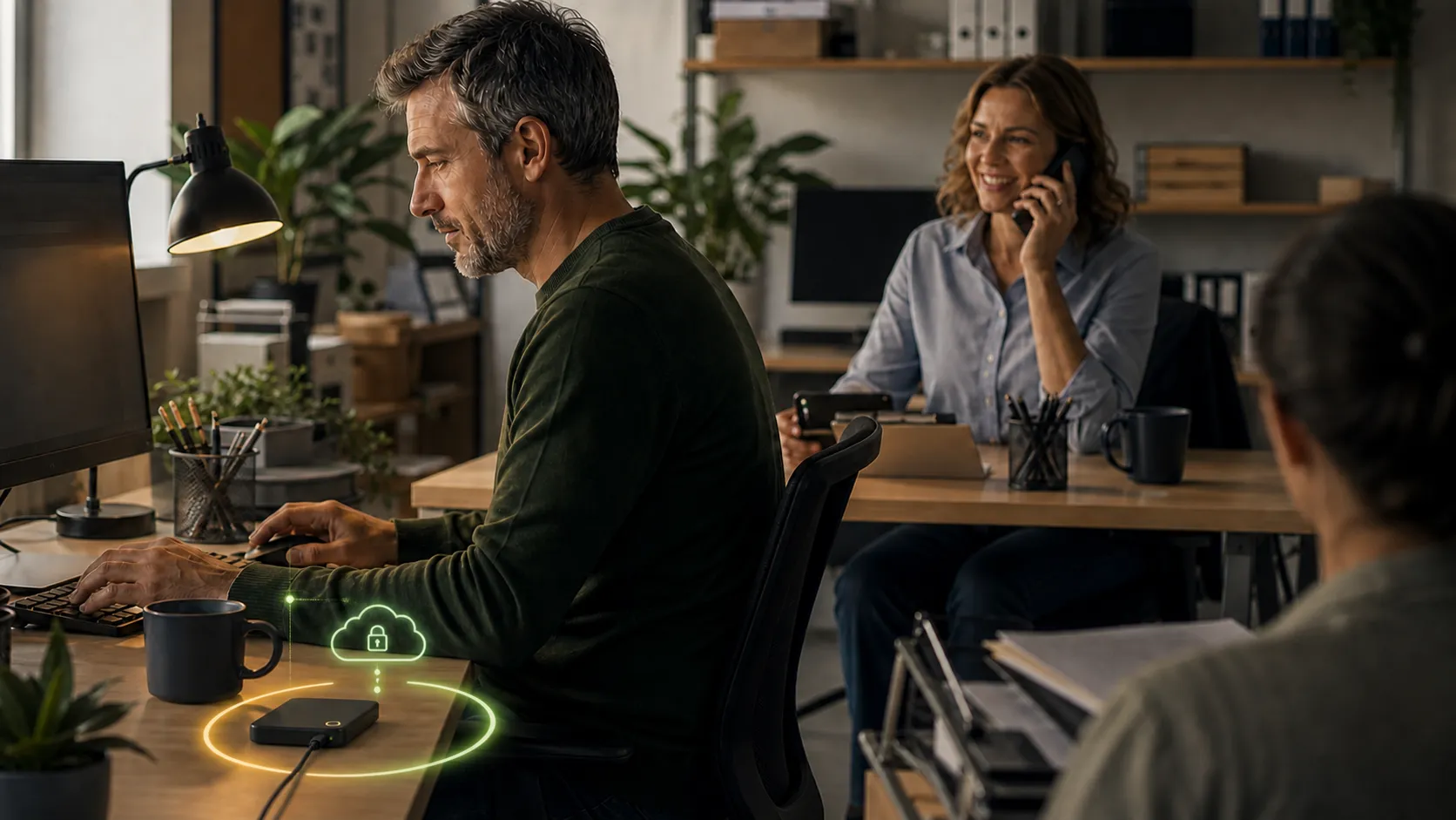 Oficina diáfana en la que un hombre trabaja frente a un monitor. Sobre la mesa, un disco duro externo proyecta el icono de una nube con un candado verde rodeado por un aro ámbar.